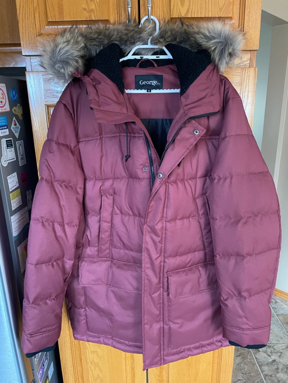 George men’s Maroon Parka with Faux Fur Trimmed Hood